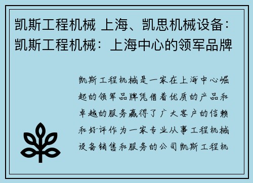 凯斯工程机械 上海、凯思机械设备：凯斯工程机械：上海中心的领军品牌